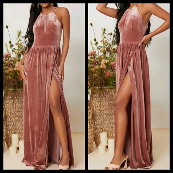 Pink Velvet Maxi Halter Dress Large  NWOT - Picture 2 of 5